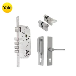 Kit Chapa de Embutir 4 bulones + Manija Turín con Escudo y Jaladera + Cilindro Llave - Mariposa (llave de sierra)