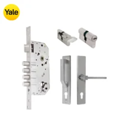 Kit Chapa de Embutir 4 bulones + Manija Turín con Escudo y Jaladera + Cilindro Llave - Mariposa (llave plana)