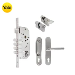 Kit Chapa de Embutir 4 bulones + Manija Milán con Escudo y Jaladera + Cilindro Llave - Mariposa (llave de sierra)